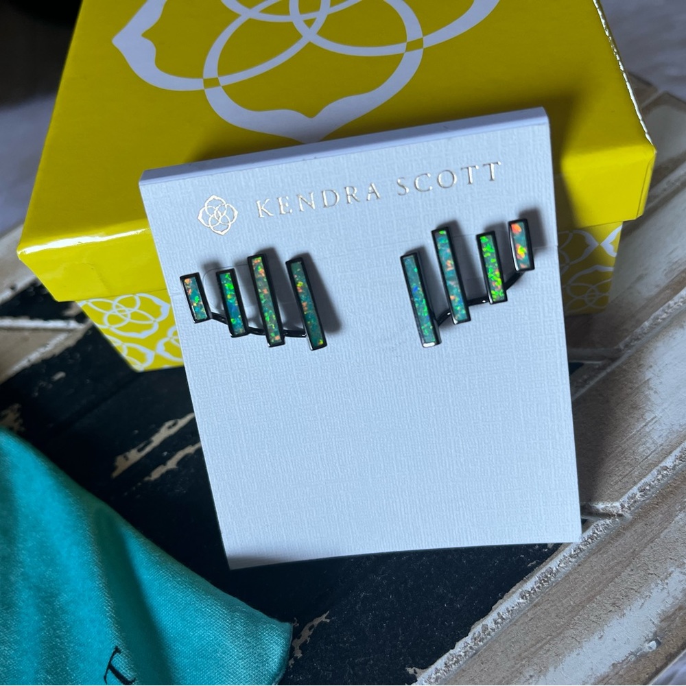 Kendra Scott Retired Dawson Gunmetal Aqua Kyocera Opal EUC